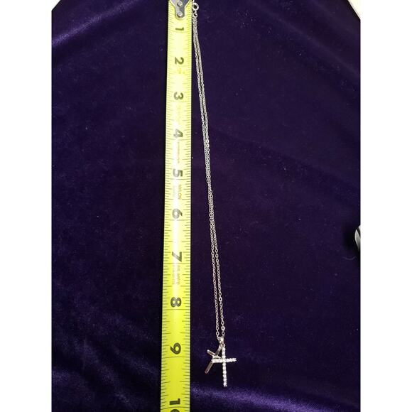 Cubic Zirconia Double Cross Dainty Pendant Necklace in Silver Tone, New - Picture 5 of 5